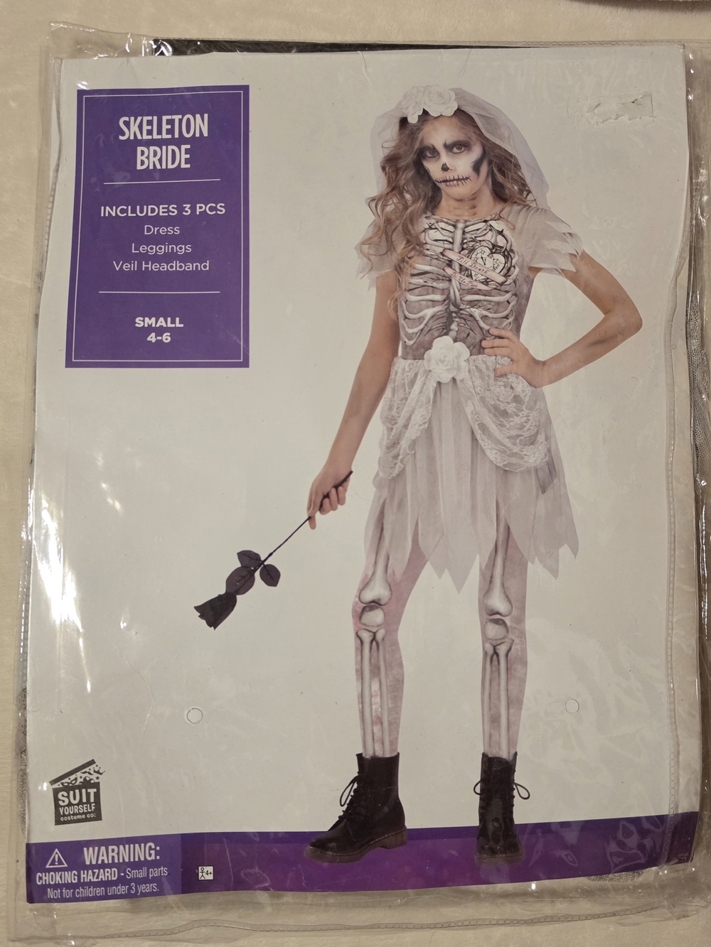 Skeleton Bride Kids Costume - White/Grey Dress, Leggings & Veil